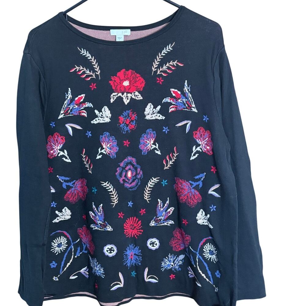 J. Jill Floral Embroidered Sweater L 100% Cotton Wool Embroidery Artsy Boho Fall